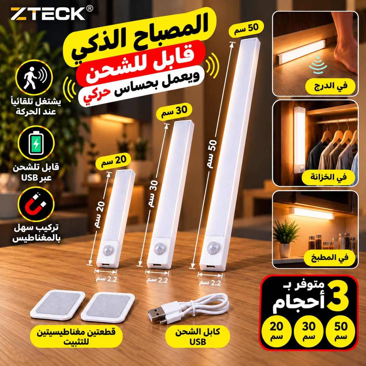 المصباح الذكي القابل للشحن بحساس حركي